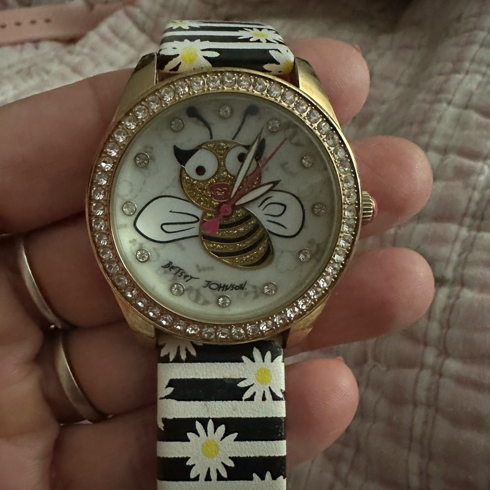 Betsey Johnson Gold Bee Watch with Floral Striped Band